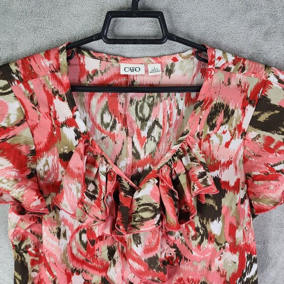 Women's Cato Ruffle Front Top Blouse Abstract Print V Neck Short Sleeve Size L - Picture 4 of 11
